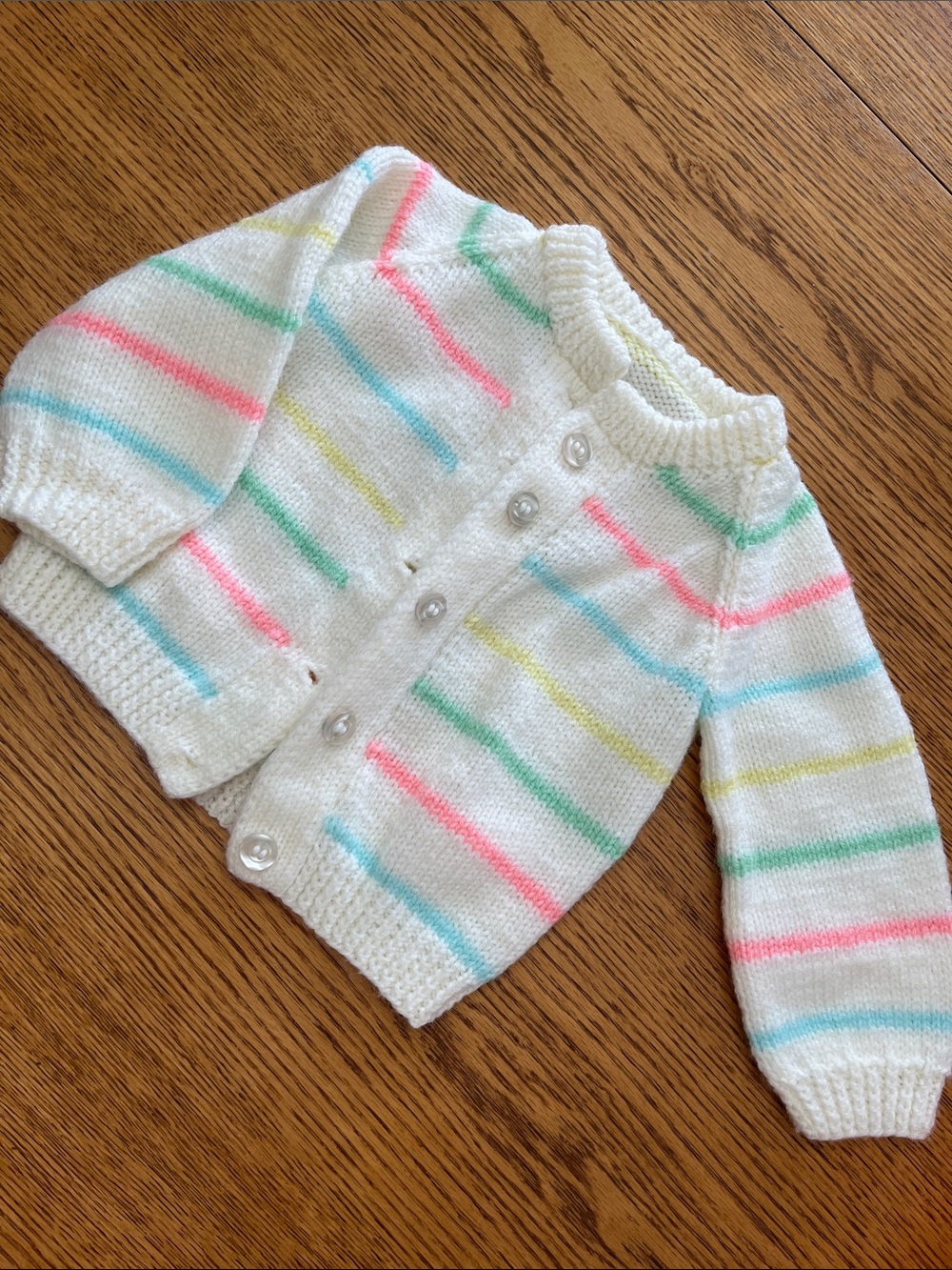 Vintage White Knit Baby Cardigan with Pastel Stripes